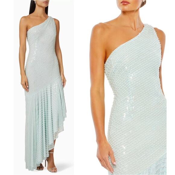Mac Duggal One Shoulder Asymmetrical Sequin Pearl Sea Foam Green Gown Size 12 - Picture 3 of 14